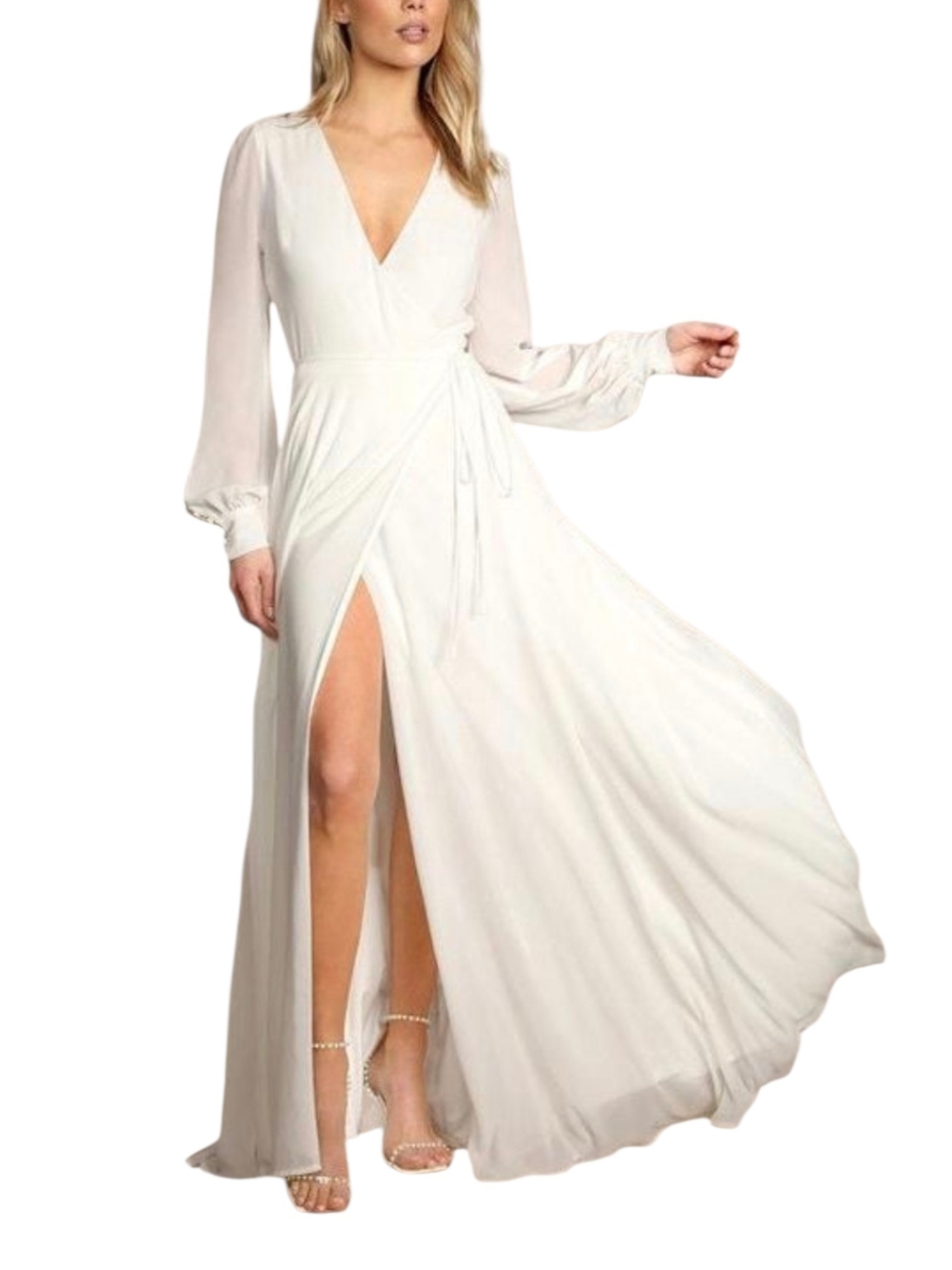 My Whole Heart White Wrap Maxi Dress L Long Sleeve BridalCore Romantic Coquette